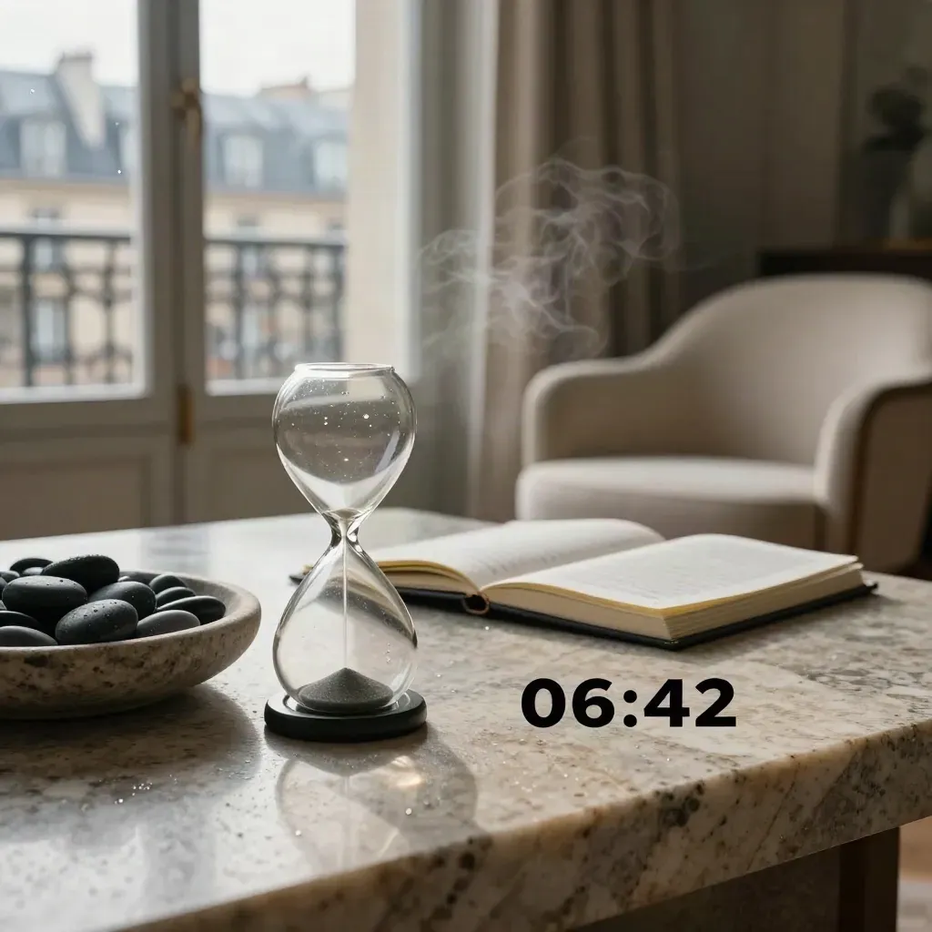 Pièce de coaching parisienne premium avec sablier, galets de basalte, carnet et fauteuil ivoire au matin.