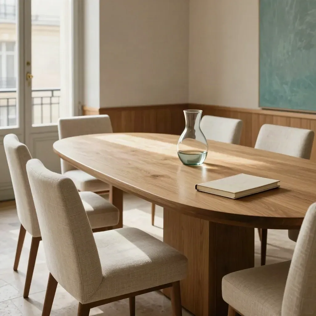 Salle de réunion élégante avec table ovale, carafe d’eau, quatre chaises et carnet fermé.