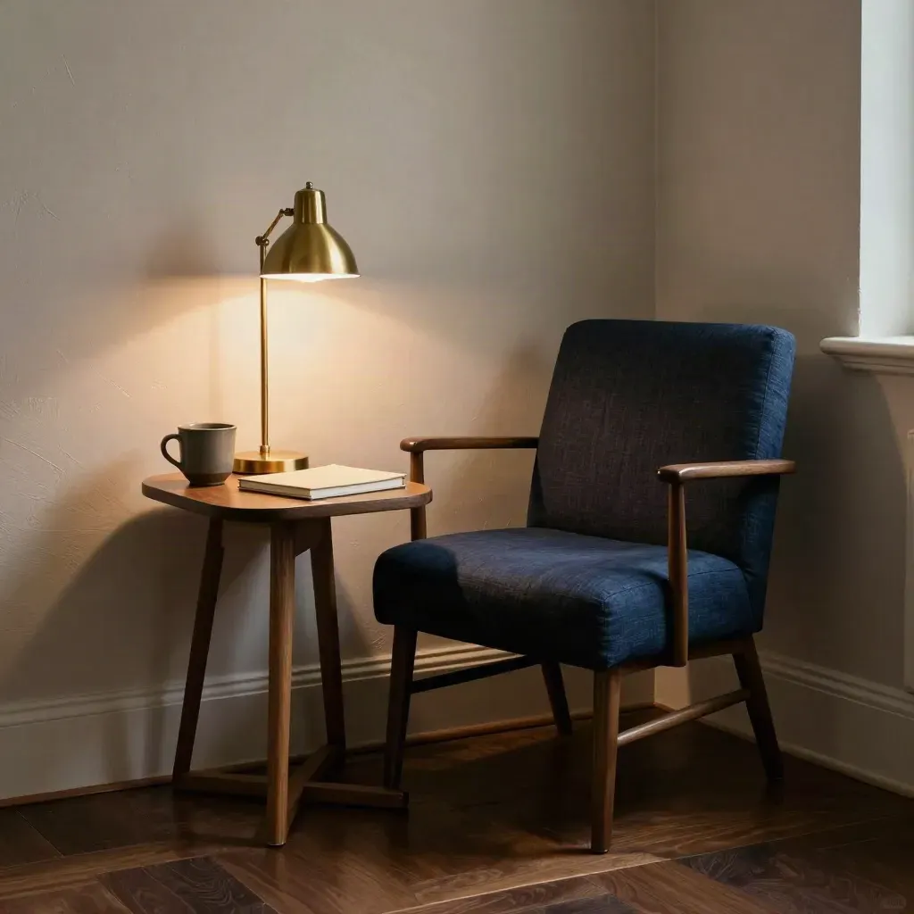 Coin de coaching élégant avec lampe allumée, siège vide, tasse et carnet fermé.