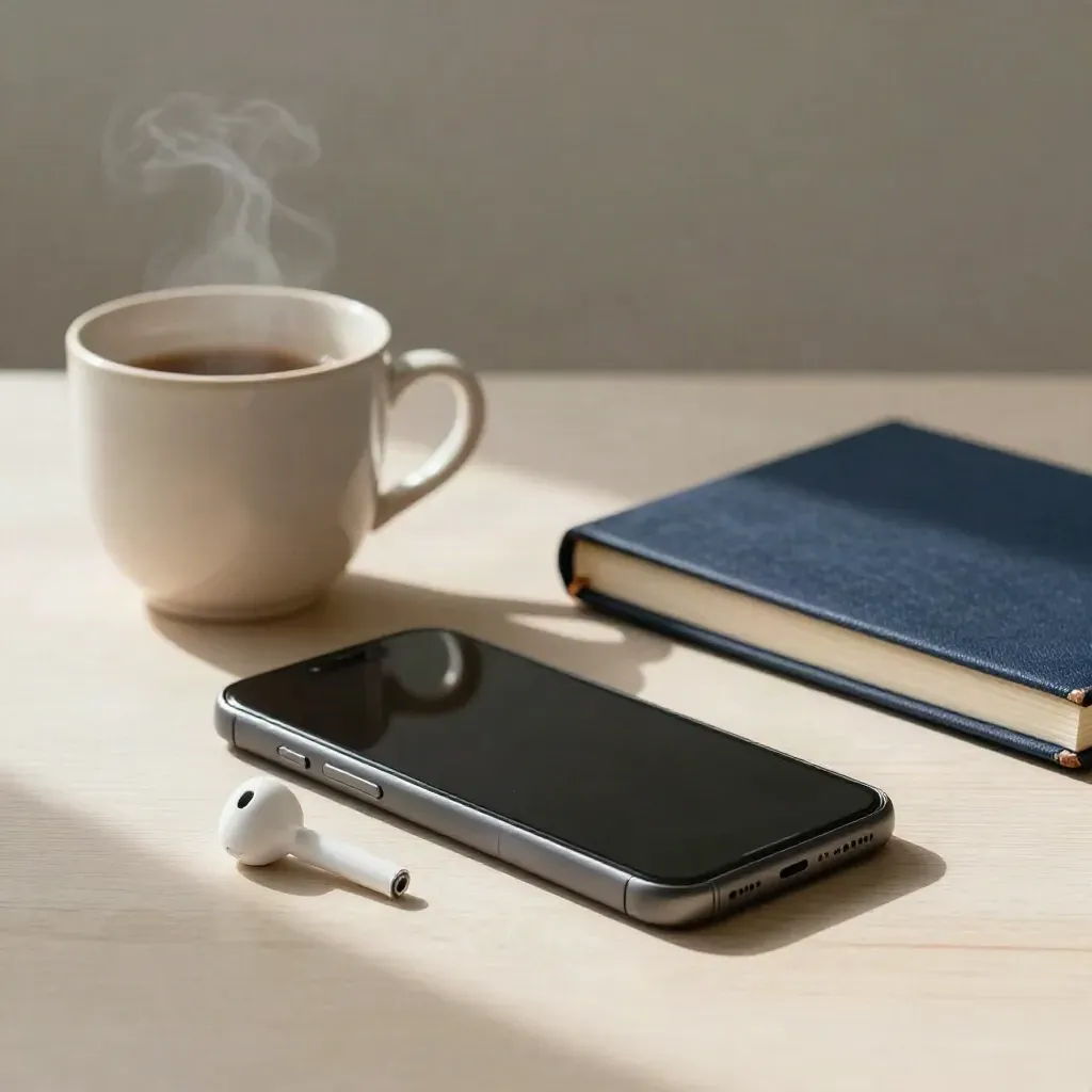 Smartphone, écouteur, tasse tiède et carnet fermé sur bois clair, lumière douce.