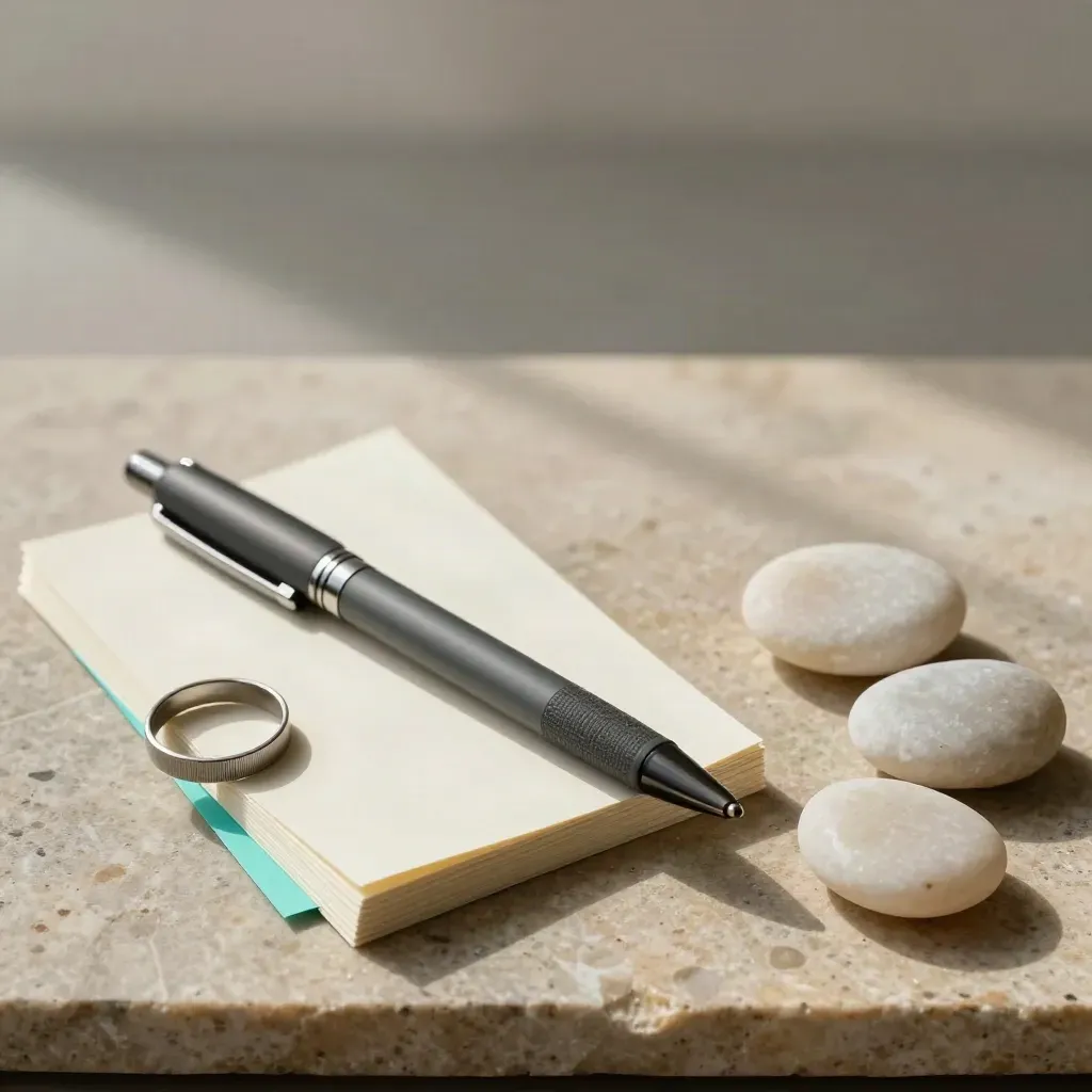 Vue du dessus d’un stylo, de cartes ivoire, d’un anneau métal et de deux pierres sur pierre claire.
