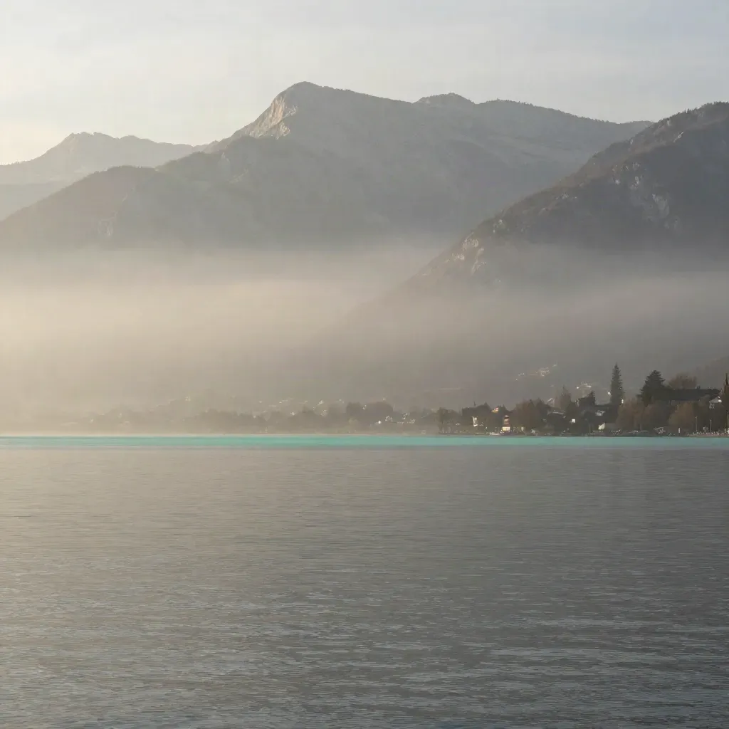 Lac d’Annecy au matin, Alpes brumeuses et eau calme sous une lumière douce.