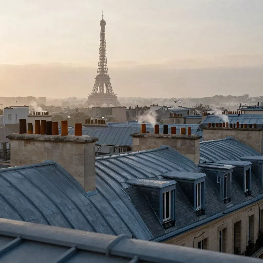 Toits haussmanniens de Paris à l’aube, Tour Eiffel au loin, brume légère.